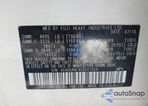 2016 Subaru Outback 2.5I Limited z USA, uszkodzony, nr VIN 4S4BSANC8G3201564